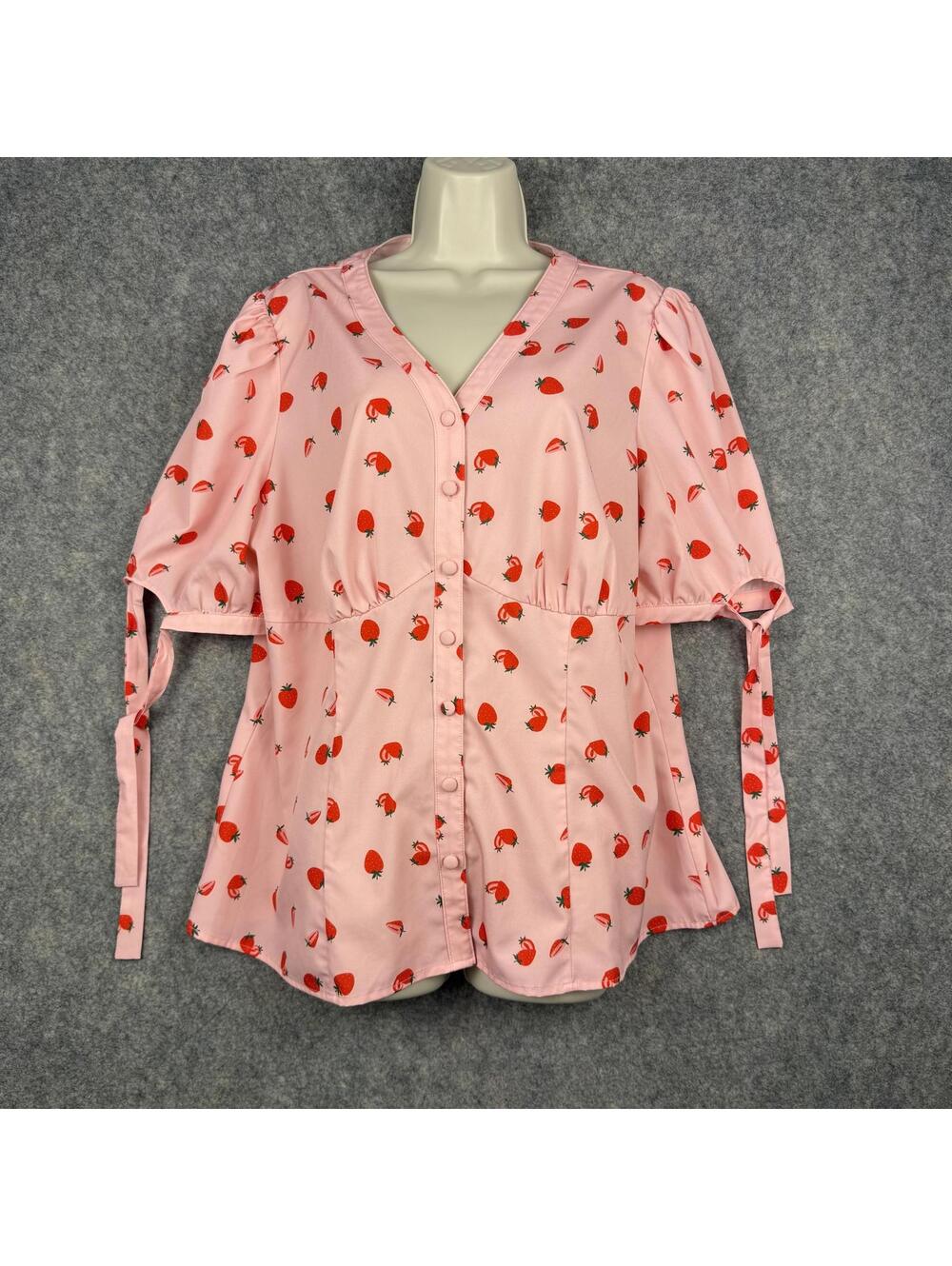 Milkmaid Tie Puff Sleeve Button Front Blouse Strawberry Size XL Cottage Coquette